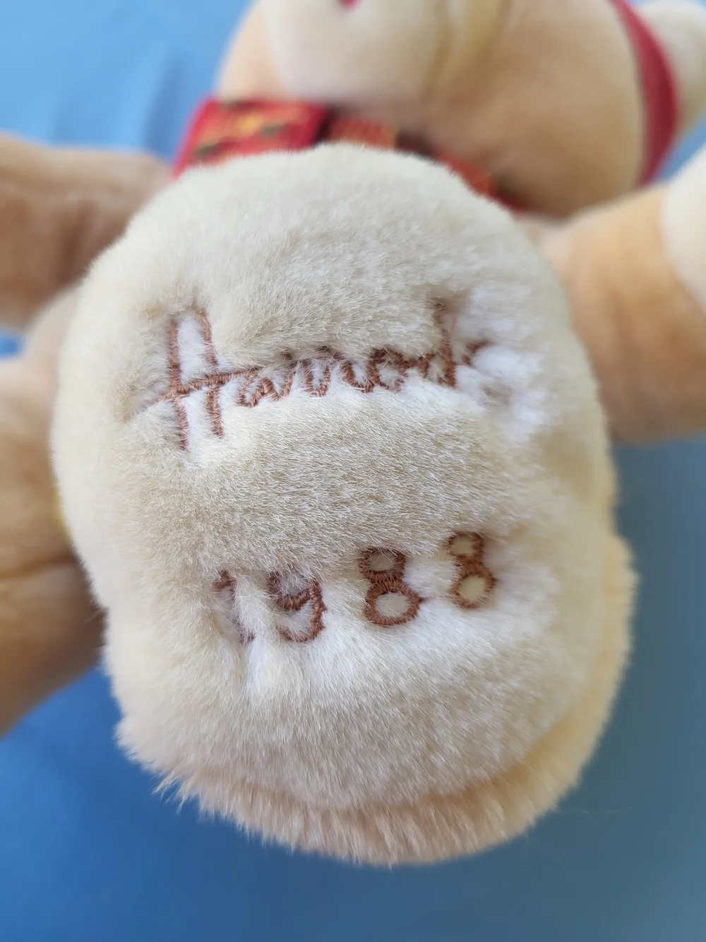 Harrods Tan Plush Teddy Bear with Red and Yellow Knit Hat & Scarf